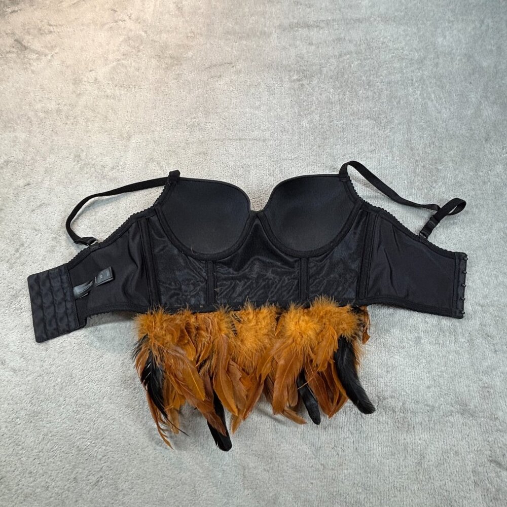Bebe Feathers Crop Trim Bustier XS Black Brown Rhinestone Embellished Bralette - Picture 4 of 12